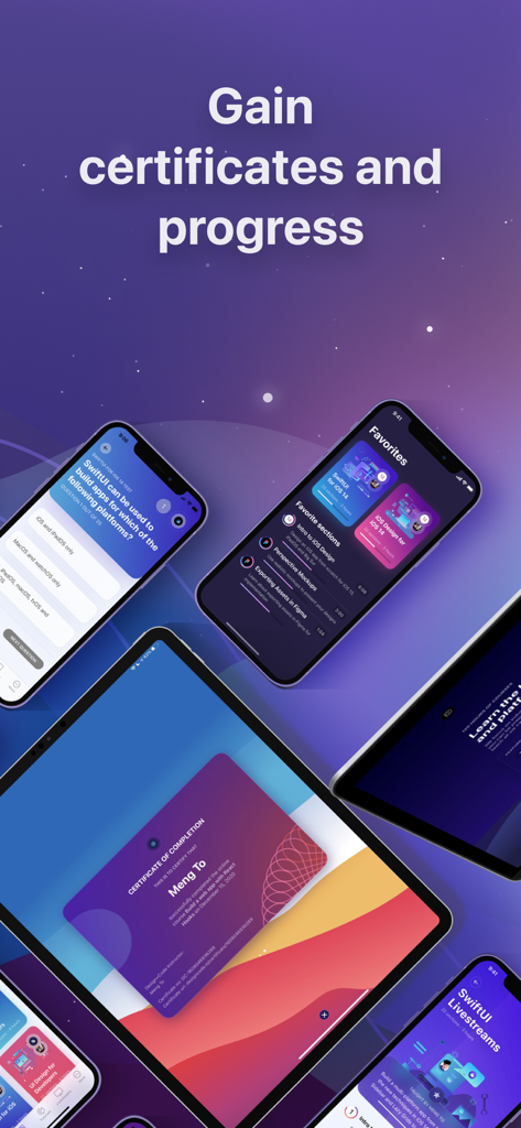 Design+Code - iPhone 및 iPad에서 Design+Code 앱의 수료증 및 강좌 진행 상황을 보여주는 스크린샷