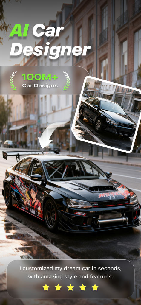 Car Editor & AI Car Designer - AI car designer app showing a stock sedan transformed into a custom racing car with anime graphics