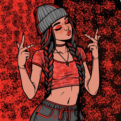 realistic teenage girl with braids and a beanie and crop top doing 🫶🏼