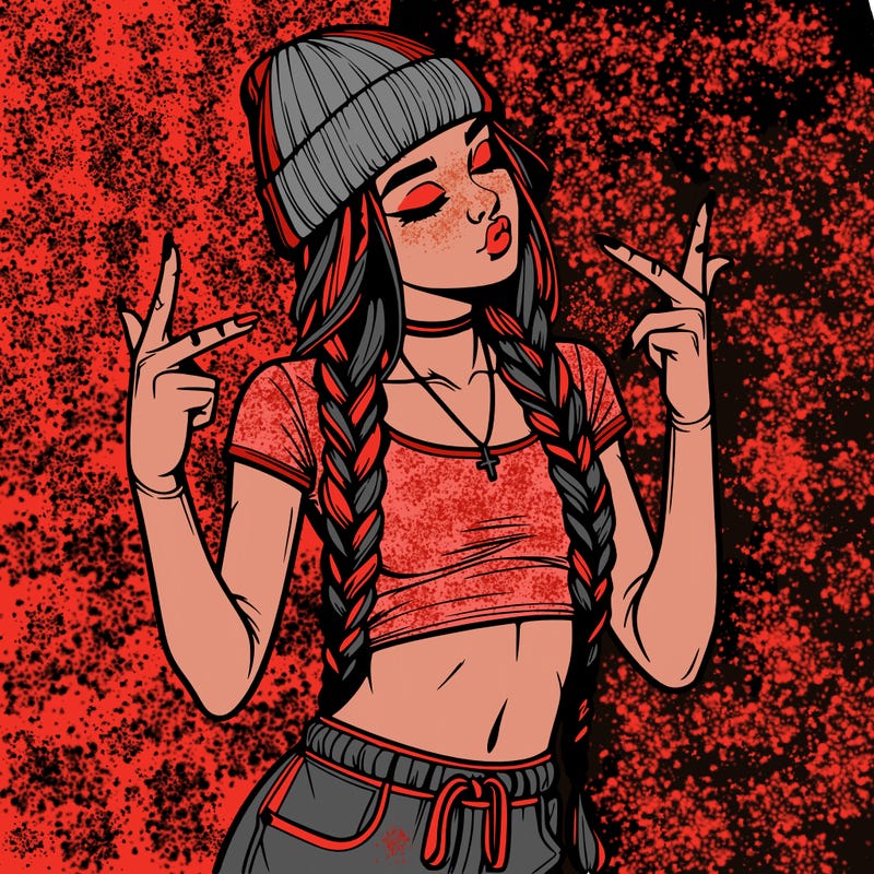 realistic teenage girl with braids and a beanie and crop top doing 🫶🏼