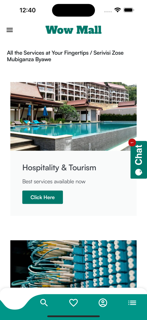 Wow_Mall - Wow Mall mobile app screen showcasing hospitality and tourism services with a luxury resort pool image