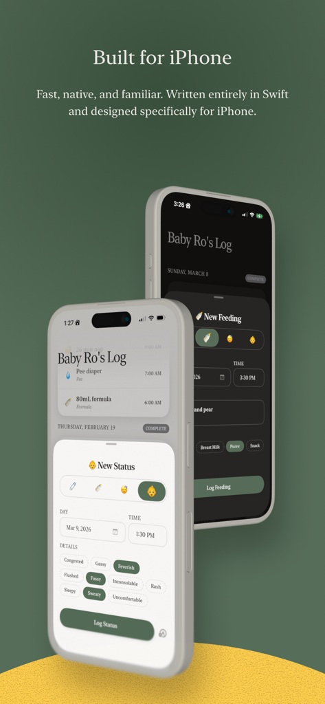 BabyRo — Simple Baby Tracker - Two iPhones displaying the BabyRo app with screens for logging baby status and feedings against a green background.
