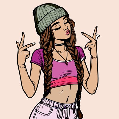 realistic teenage girl with braids and a beanie and crop top doing 🫶🏼
