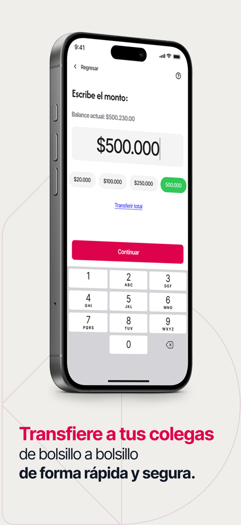 Bink Card - Pantalla de la aplicación móvil Bink Card para transferir saldos de beneficios a compañeros con un teclado numérico y selección de importe.