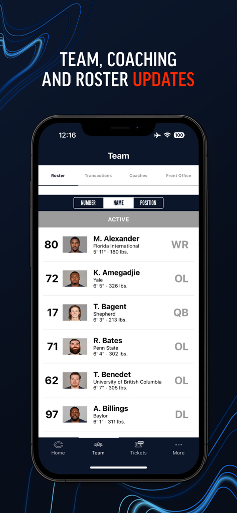 Chicago Bears official app showing the active player roster with names positions and stats