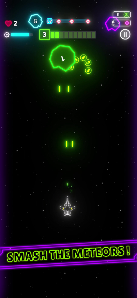 Neon Wings - Neon Wings gameplay showing a white outline plane shooting green lasers at a neon meteor in space