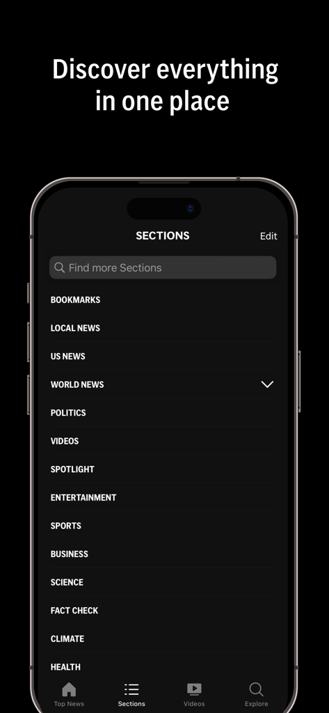 AP News - Una lista de secciones y categorías de noticias en la aplicación AP News, incluyendo política, negocios y verificación de hechos.