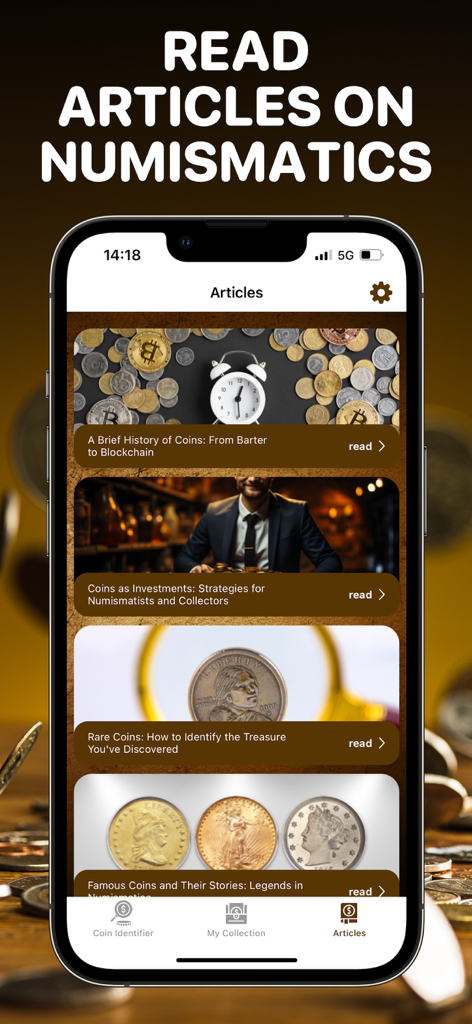 Una pantalla móvil que muestra una lista de artículos educativos sobre historia de monedas y numismática dentro de la aplicación Coin Value Checker.