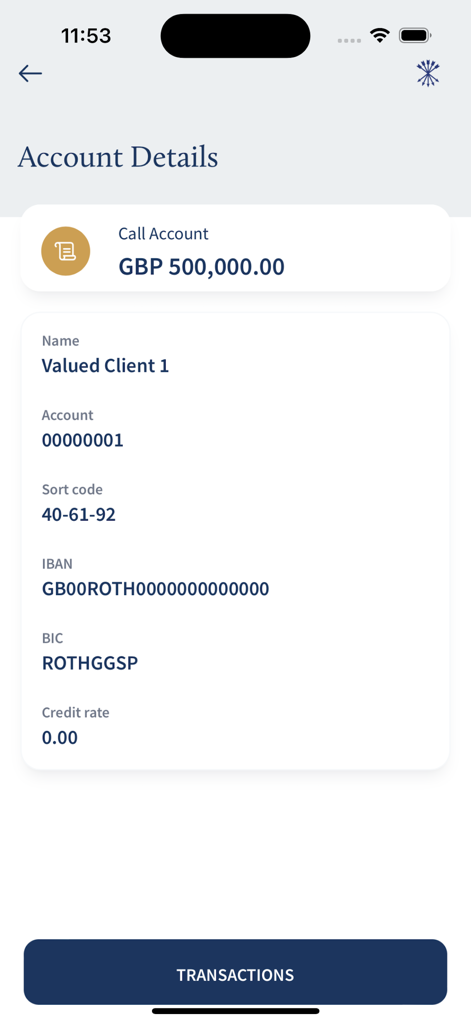 Rothschild & Co MobileBanking - Rothschild und Co Mobile Banking App-Bildschirm mit Kontodetails und GBP-Saldo