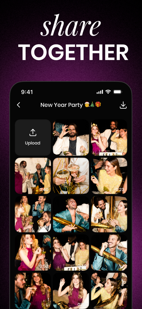Un álbum de fotos digital compartido para una fiesta de Año Nuevo dentro de la interfaz de la aplicación PartyCam