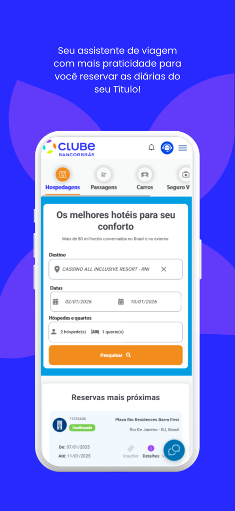 Mobile app interface of Meu Clube Bancorbras showing a hotel search form and upcoming reservation details.