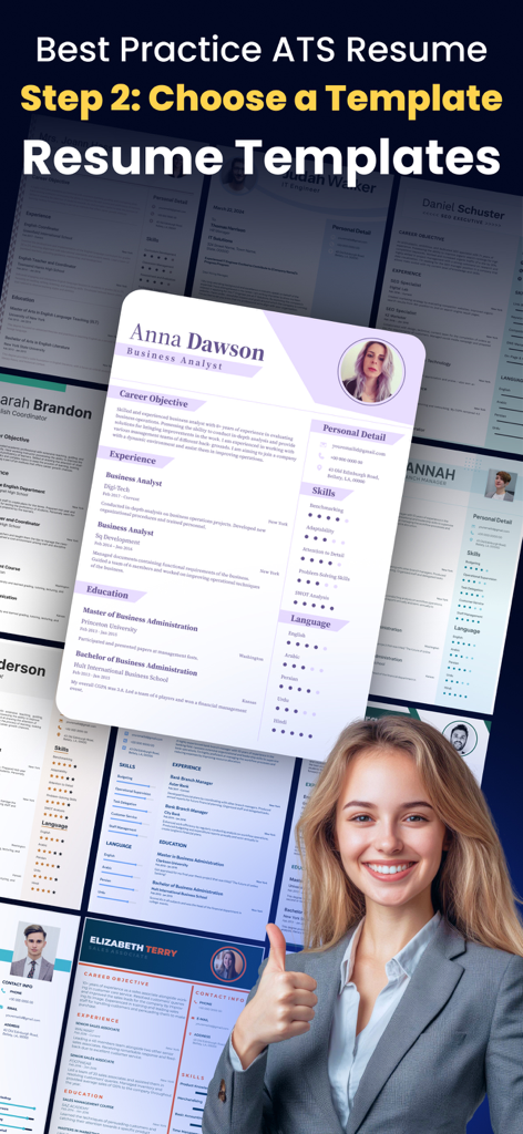Resume Builder:AI CV Maker App - Mujer profesional sonriente mostrando diversas plantillas de currículum amigables con ATS en la app creadora de CV con IA