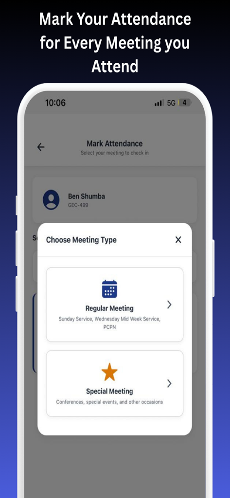 Envoys - A mobile app screen titled Mark Attendance displaying a pop-up to choose between Regular Meeting or Special Meeting types.