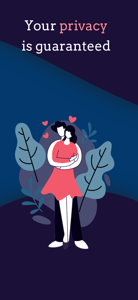 Couplet: Spice Up Relationship - An illustration of a couple hugging with text stating that your privacy is guaranteed in the Couplet app.