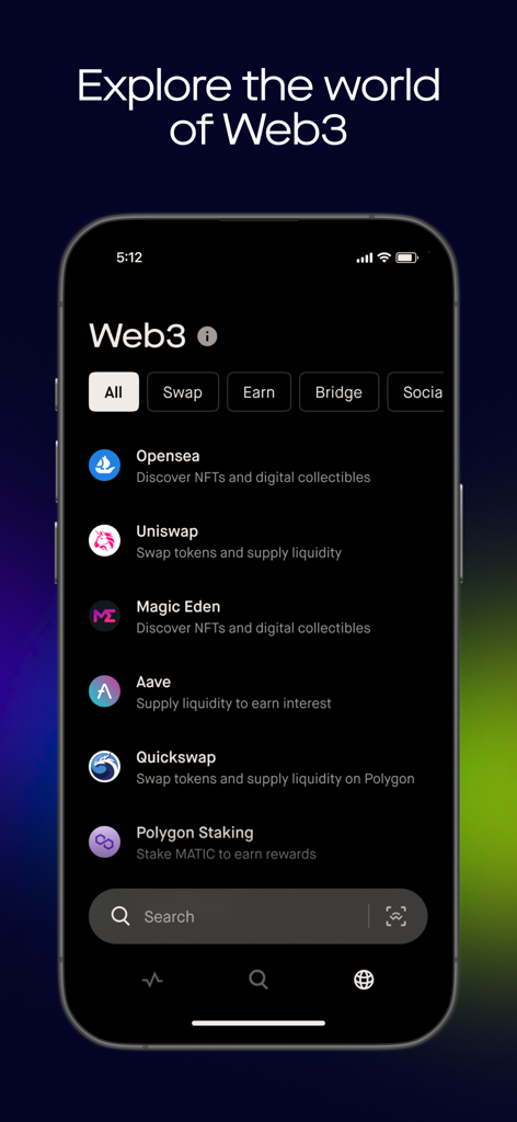 Robinhood Wallet 앱 인터페이스에 OpenSea, Uniswap, Magic Eden을 포함한 다양한 웹3 앱 목록이 표시됩니다.