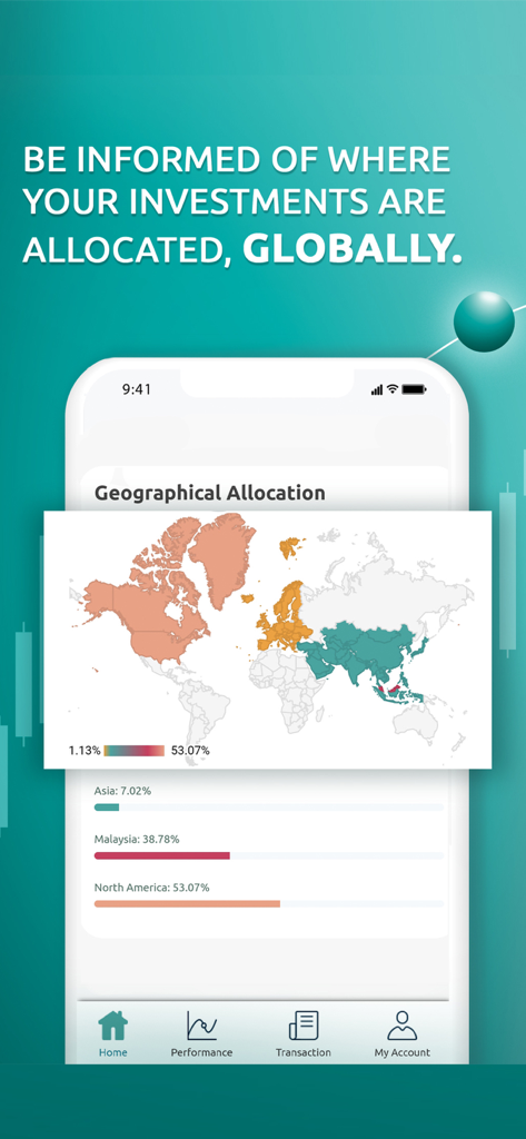 Kenanga Digital Investing - Kenanga Digital Investing app interface showing global investment allocation on a world map
