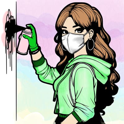 realistic girl with mask spray painting a wall