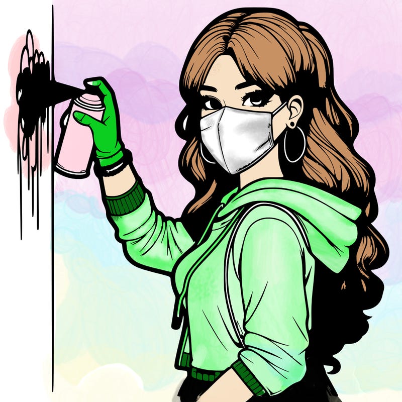 realistic girl with mask spray painting a wall