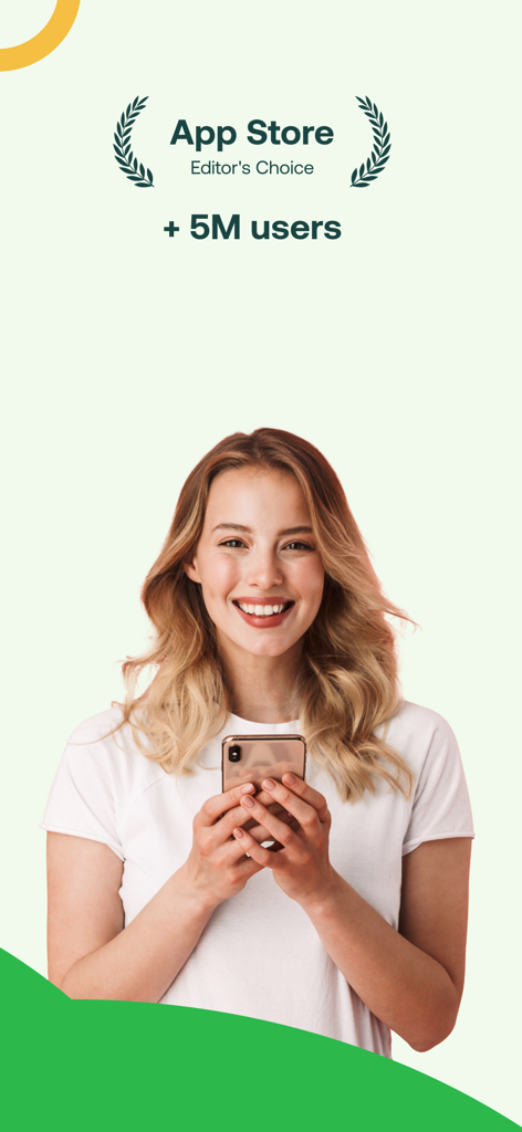 A smiling young woman holding a smartphone, representing the Money Lover app as an App Store Editor's Choice with over 5 million users.