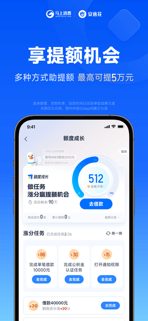 Anyihua mobile app interface showing various tasks for users to increase their credit limit up to 50,000 RMB.