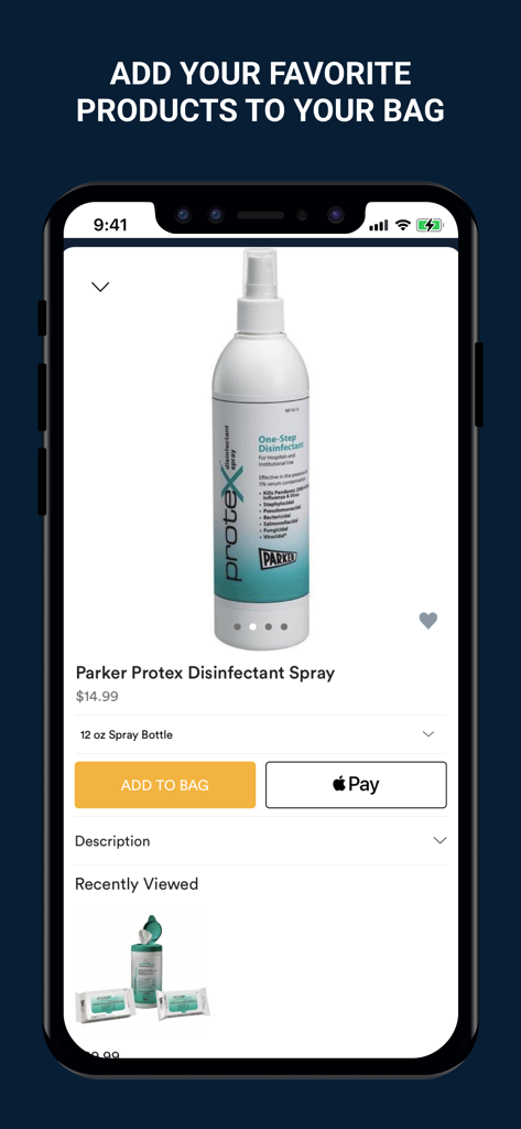 MFI Medical - MFI Medical app product page for Parker Protex Disinfectant Spray with Add to Bag and Apple Pay buttons