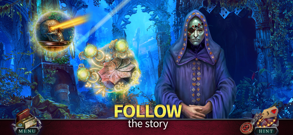 Fatal Luck: Adventure (F2P) - Fatal Luck Adventureのゲームからの、紫色のローブと光る魔法のアーティファクトを身に着けた謎めいた覆面キャラクター