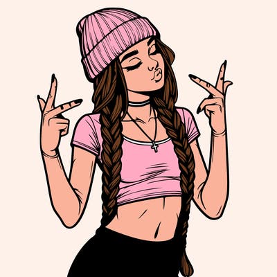 realistic teenage girl with braids and a beanie and crop top doing 🫶🏼