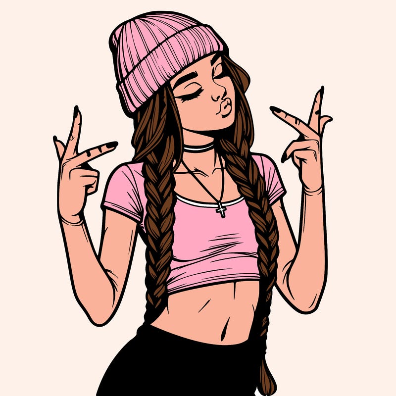 realistic teenage girl with braids and a beanie and crop top doing 🫶🏼