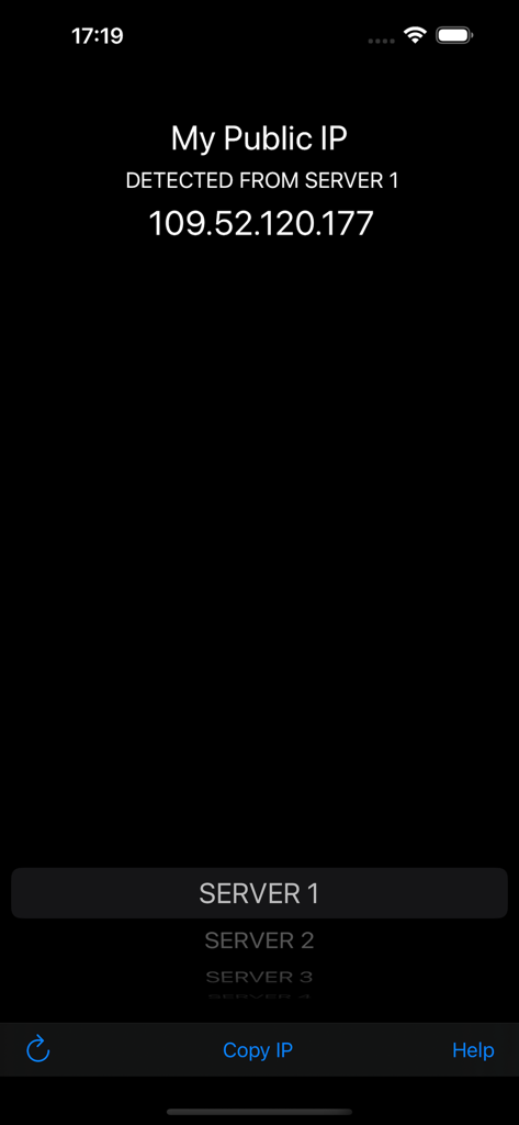 My Public IP - Interface de l'application Mon IP Publique affichant une adresse IP publique détectée et un menu de sélection de serveur