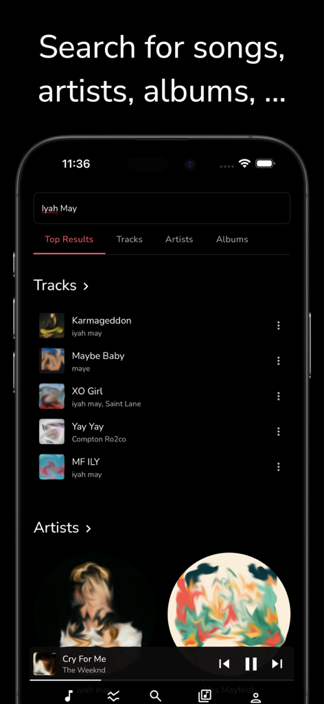 Freefy - Schermata dei risultati di ricerca nell'app musicale Freefy che mostra brani e artisti su un iPhone.