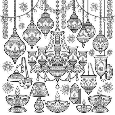 Get ready to celebrate the Festival of Lights with this magnificent coloring page, brimming with an exquisite collection of Diwali-themed lighting fixtures. Adorned with traditional patterns and symbols, it offers a rich and engaging canvas for colorists of all ages.