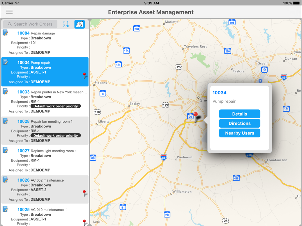 HxGN EAM Mobile Connected - Interface of HxGN EAM showing a list of work orders and their geographic locations on a map.