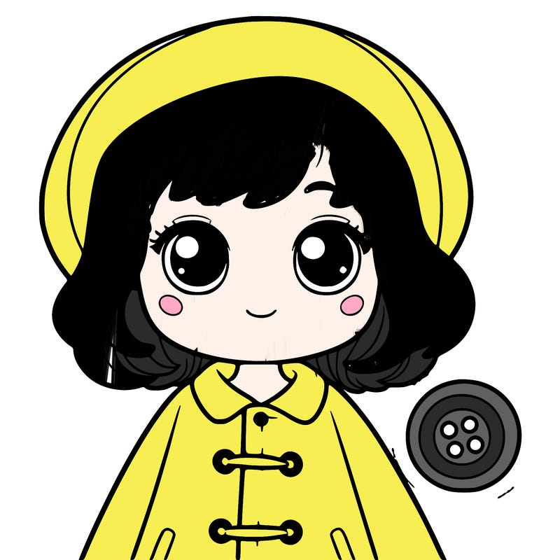 coraline girl with button eyes and a raincoat