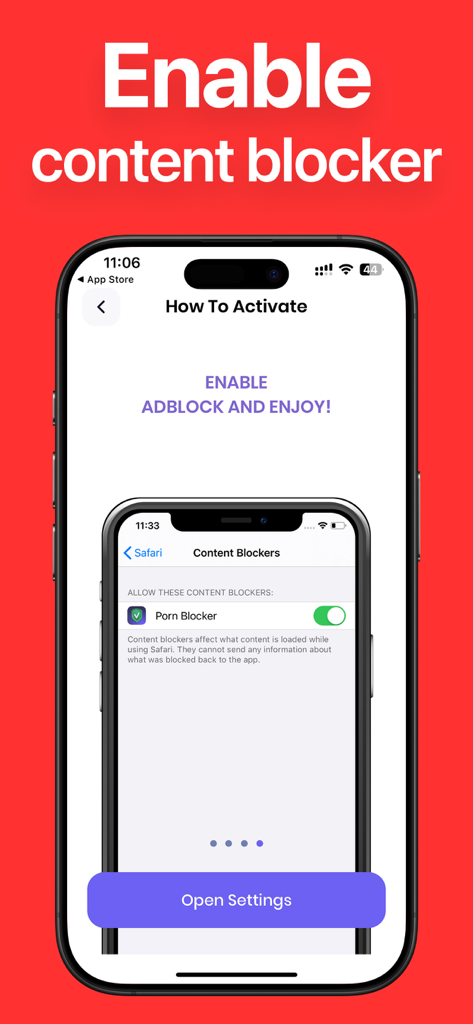 PornBlocker App - Instructional screen showing how to enable PornBlocker in Safari settings on an iPhone