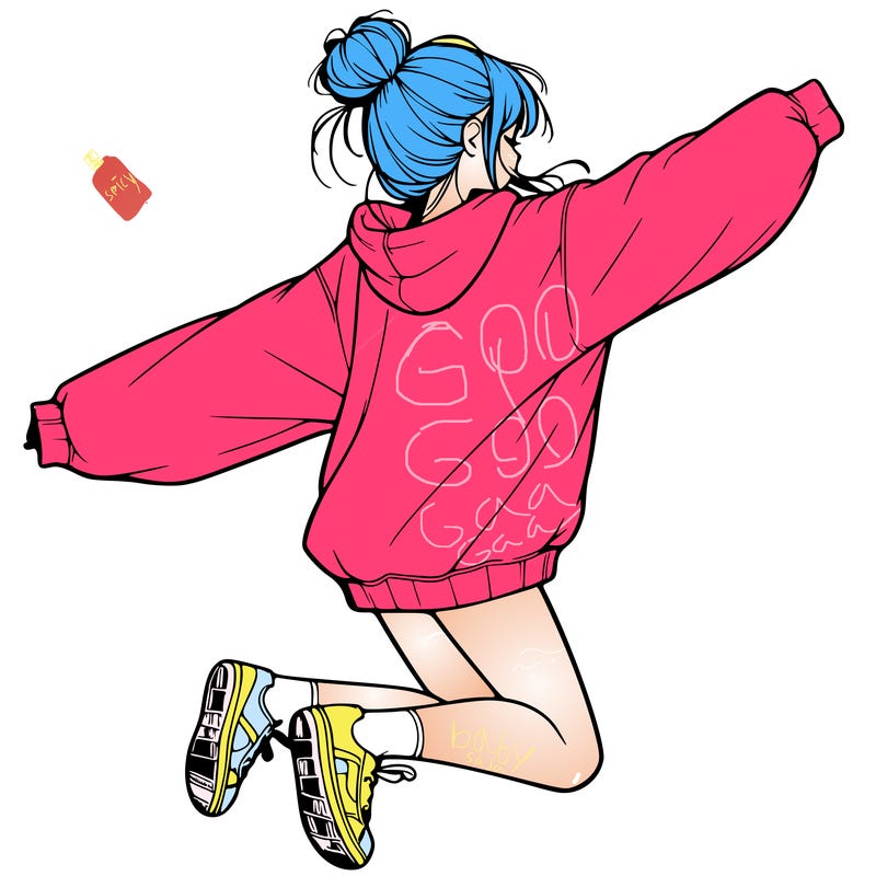 realistic girl jumping with a bun and oversized sweatshirt