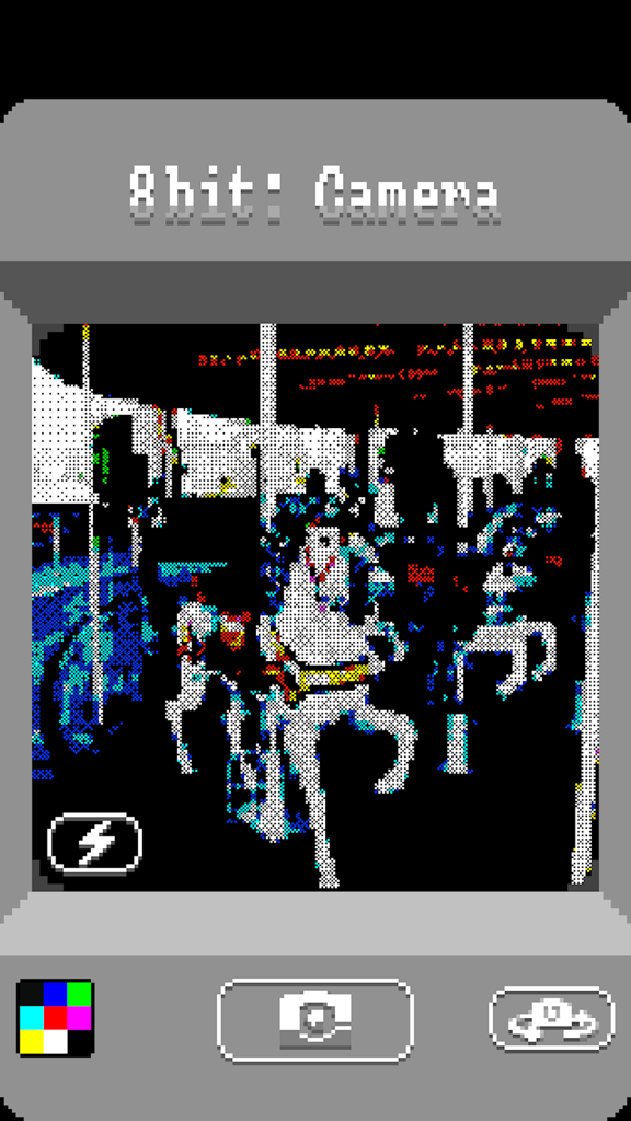 8bit: Camera - 8bit Camera app interface displaying a pixelated image of a carousel horse