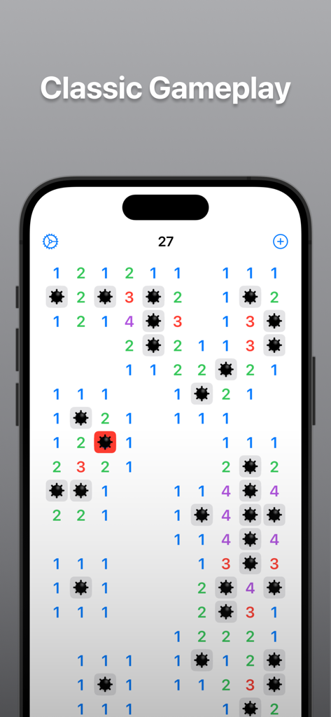 Minesweeperﾠ - A clean native iOS Minesweeper game interface on an iPhone showing classic gameplay with numbers and mines.