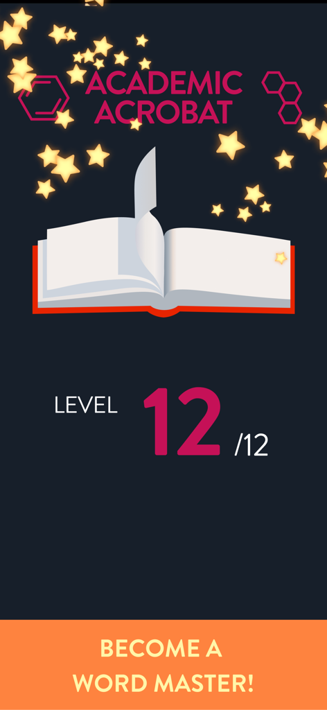 Wordalot – Picture Crossword - Écran du jeu Wordalot montrant le succès « Acrobate Académique » et la réussite du niveau 12.