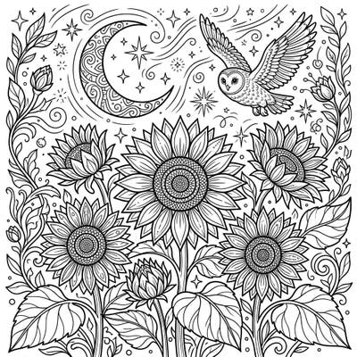 Discover the magic of night with this intricate coloring page, showcasing vibrant red sunflowers under a celestial canopy. An elegant owl soars past a crescent moon, inviting you to bring this enchanting nocturnal scene to life with your favorite colors.