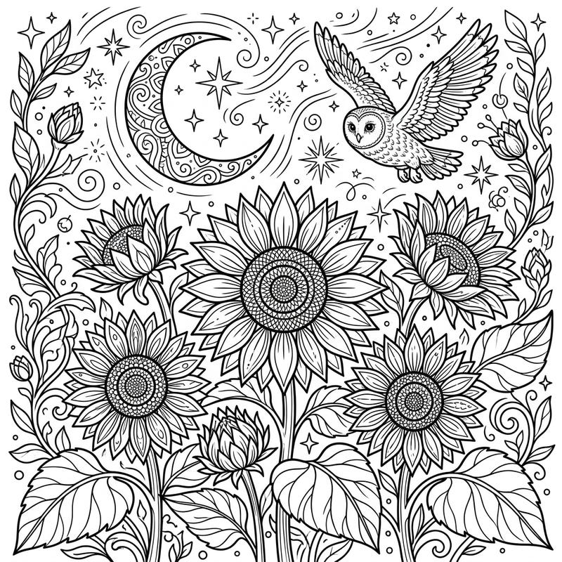 Discover the magic of night with this intricate coloring page, showcasing vibrant red sunflowers under a celestial canopy. An elegant owl soars past a crescent moon, inviting you to bring this enchanting nocturnal scene to life with your favorite colors.