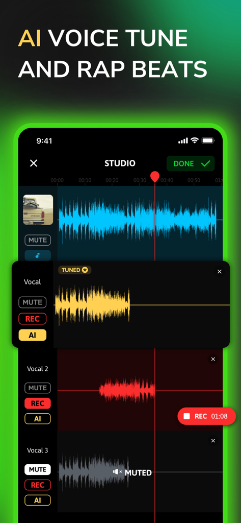 Self Rap - Fame Rapping Studio - Self Rap app studio interface featuring multi-track recording and AI voice tuning