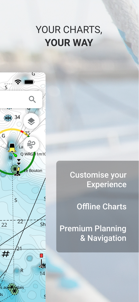 C-MAP: Boating - C-MAP boating app interface showing detailed nautical charts and offline navigation features