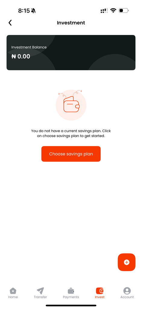 ClearPay - Investment screen of the ClearPay mobile app displaying a zero balance and a button to choose a savings plan.