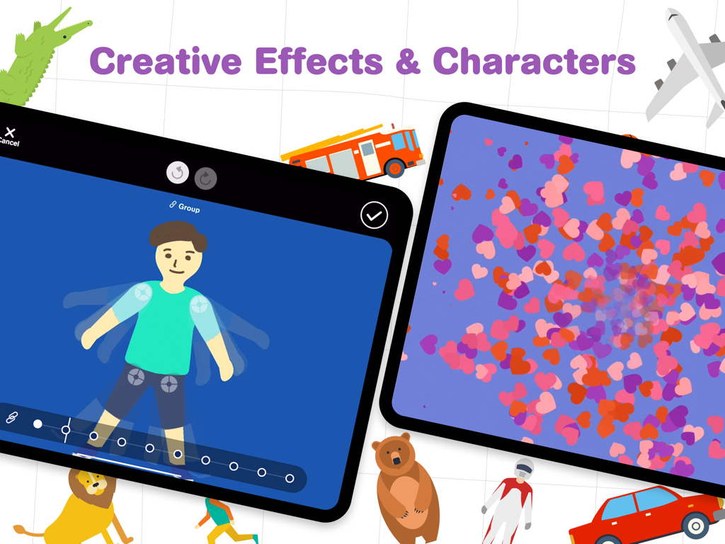 Pilo Animation Kit - Two iPads showing the Pilo Animation Kit app interface with character rigging and heart-shaped creative effects