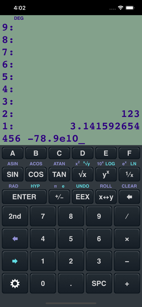 RPN Calculator 48 app interface showing a multi-level stack display and a scientific keyboard layout inspired by HP 48 series calculators