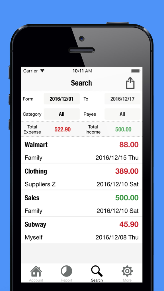 Spending Tracker app search interface displaying transaction history with total expenses and income.
