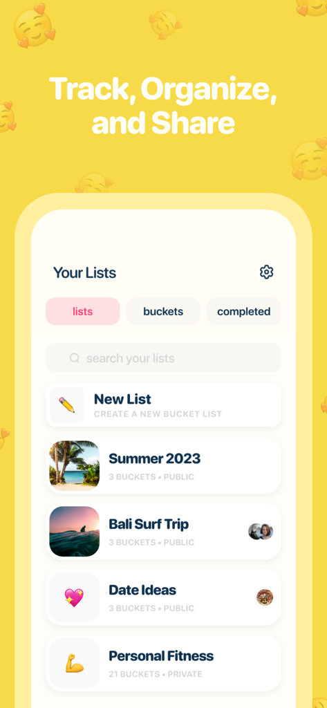Bucket List - The Bucket App - Interface of the Bucket List app showing various personalized life goal lists like Summer 2023 and Bali Surf Trip