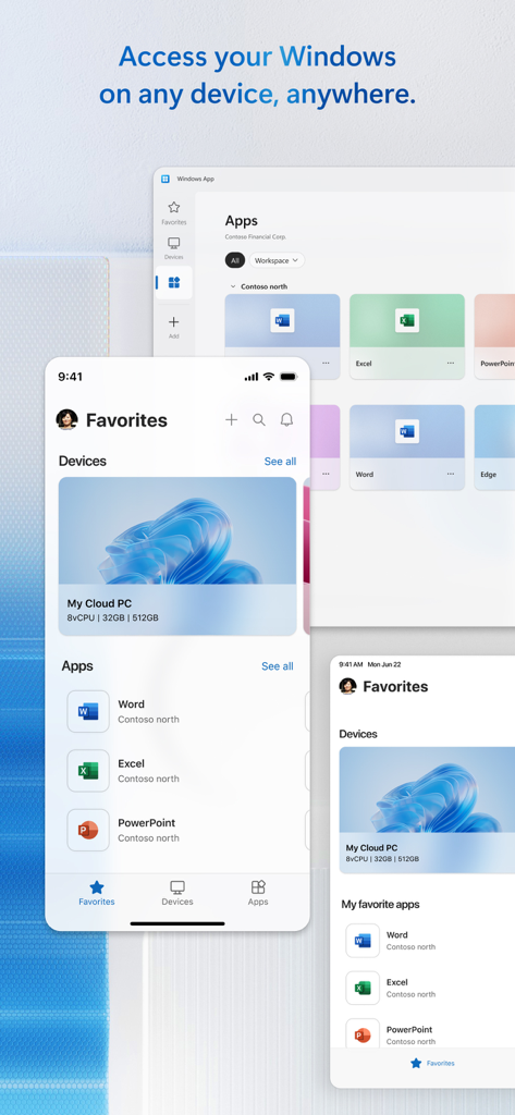 iPhone 画面に、Cloud PC と Microsoft Office アプリケーションが含まれるお気に入りのリストが表示されている Windows App Mobile インターフェイス。