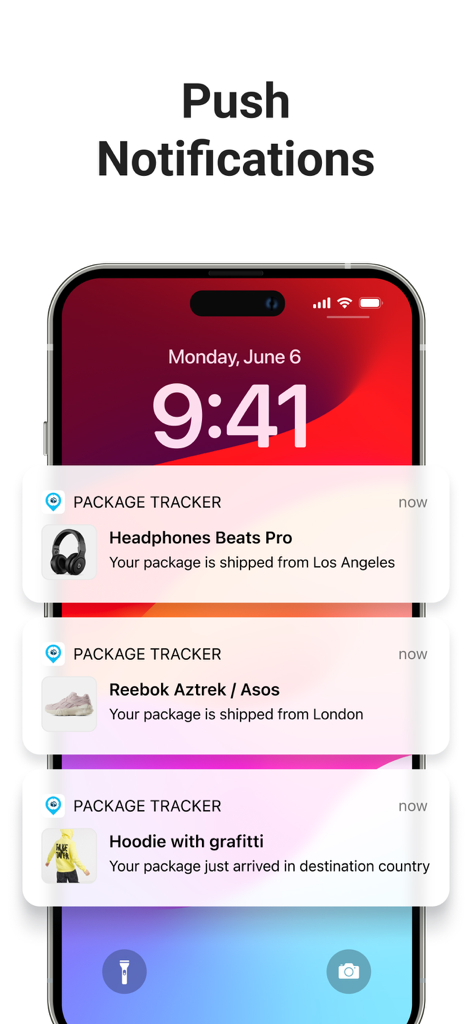 Package Tracker - pkge Mobile - Smartphone lock screen displaying real-time delivery status push notifications for multiple tracked packages