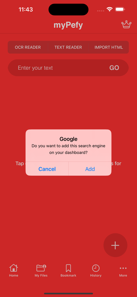 myPefy: Web to PDF Convert - Interface de l'application myPefy montrant une fenêtre contextuelle pour ajouter Google en tant que moteur de recherche personnalisé au tableau de bord